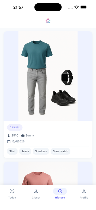 History screen with past outfits, weather and item tags