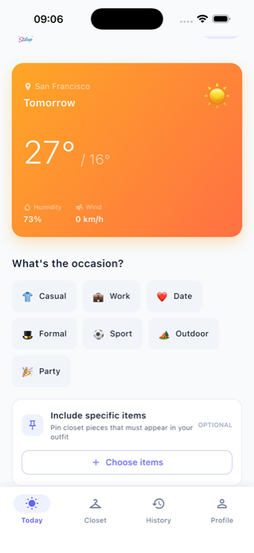 StilUp Today screen showing tomorrow's weather in a sunrise-orange card and occasion picker